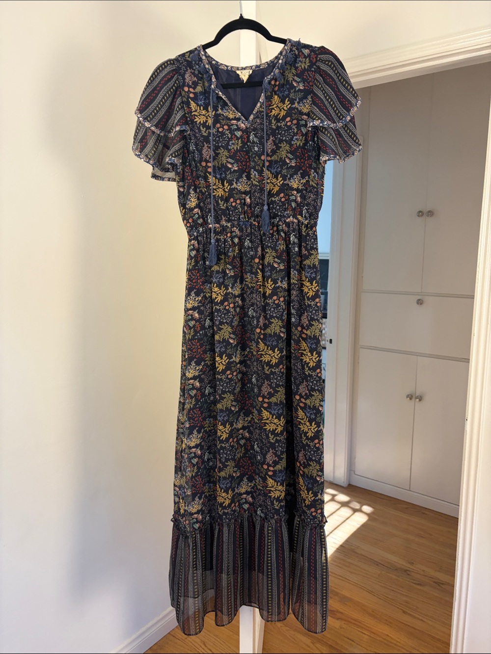 Mo:Vint Navy Floral Maxi Dress with Tassel Tie and Flutter Sleeves